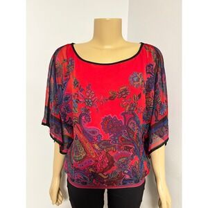 Cache Womens XL Red Paisley Chiffon Dolman Sleeve Smocked Tie Back Blouse Top